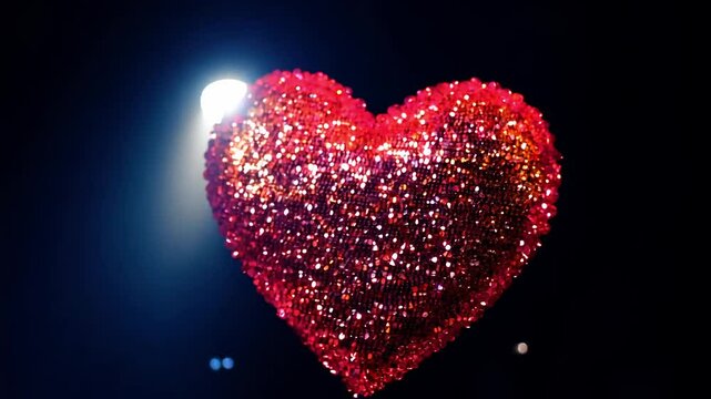 Zoom in video of a vibrant red heart made of small, sparkling sequins, illuminated by a focused spotlight, the spotlight makes the sequins shimmer and sparkle