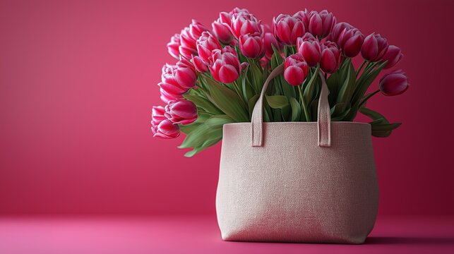 Bright pink tulips in textured beige bag on vibrant pink background, perfect for Mother’s Day, Valentine’s, or spring-themed promotions