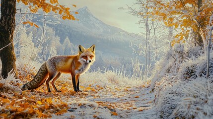   A lone red fox stands amidst a snowy forest foreground while a majestic mountain looms behind in the distance