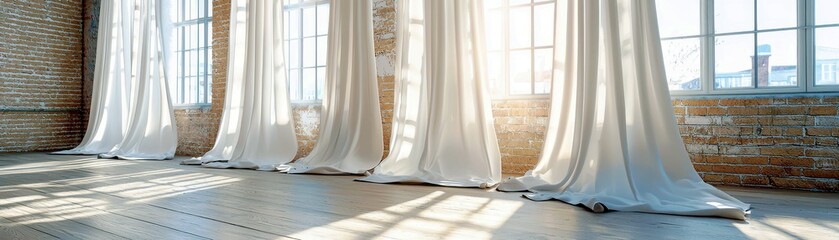 Natural Light Streaming Through White Curtains in a Bright Room with Exposed Brick Walls and Warm Wooden Floor