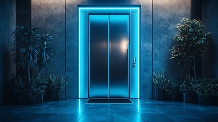 A futuristic metallic front door with a holographic effect surface 