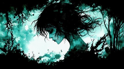 Dreamy ethereal portrait of a woman with flowing hair against a mystical turquoise and black abstract background with natural elements and watercolor effect
