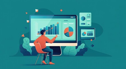Man analyzing data on computer, various charts displayed, metric icons, plants in background