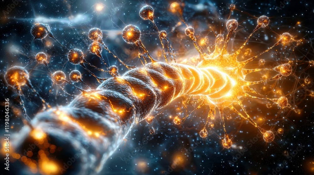 Poster abstract representation of neural network connections with shimmering lights and vibrant colors in a