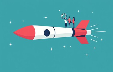 Business leaders stand high on upward arrows, using binoculars to scan for success