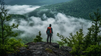 Hiker standing on mountain peak under cloudy sky
