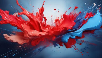 Vibrant Red and Blue Acrylic Paint Splatter Collision MidAir Explosion of Colorful Artistic Expression