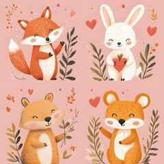 Fototapeta premium Cute animal illustrations featuring fox, rabbit, bear, and squirrel against a pink background