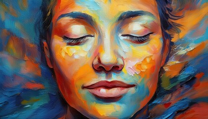 Serene Meditative Moment A Striking Acrylic Portrait of a Mindful Face Amidst Swirling Colors and Textures, Reflecting Inner Peace in an Abstract Setting.