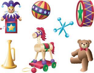 A set of vector graphic illustrations of classic toys from yesteryear. 