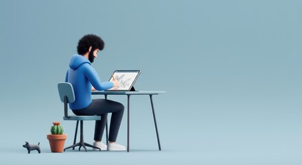 Man drawing on tablet at desk with small plant and dog
