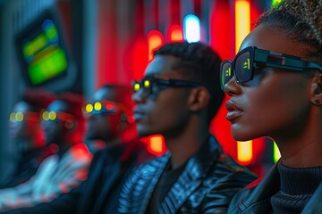 Stylish individuals wearing glasses engage with holographic financial data in futuristic office.