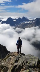 Hiker standing on mountain peak under cloudy sky
