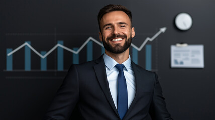 A businessman in a suit stands in front of a blue bar graph, symbolizing growth and success in the corporate world.
