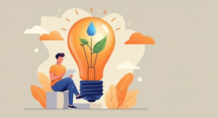 Man reflects on sustainable ideas represented by light bulb and plant