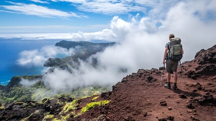Hiker standing on mountain peak under cloudy sky
