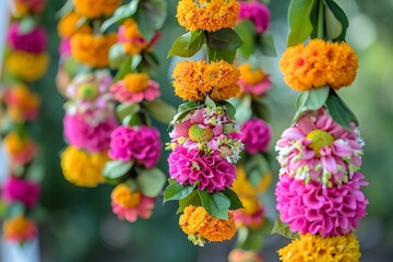 A vibrant flower garland decoration hanging as a toran for an Indian Hindu holiday or wedding captured in a close-up shot.