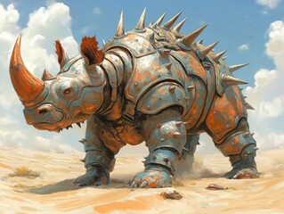 Fototapeta premium Fantasy rhino creature stands in desert. Armored rhino creature with rusty metal armor. Powerful creature with large horn, spikes. Dangerous beast with surreal design. Ancient prehistoric style.