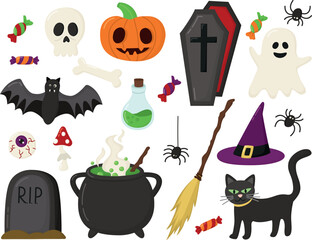 Set of cute elements for Happy Halloween. Collection of pumpkin, spooky ghost, bat, skull and bone, candies, spider, black cat, cauldron with potions, coffin, broom, witch hat and grave