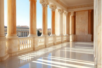 Fototapeta premium Elegant colonnade showcasing classical architecture under bright sunlight at a historic location