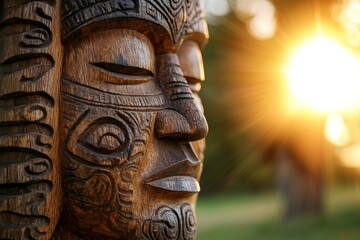 Carved wooden mask faces the setting sun in a serene outdoor setting with a warm glow