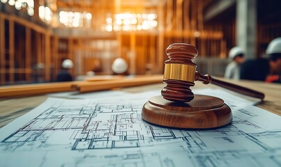 Gavel on blueprints at a construction site