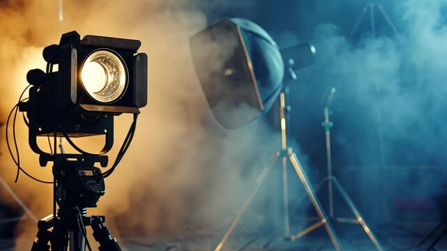 Cinematic camera equipment setup on a film set with lighting and fog, representing the production process in filmmaking and creative media.