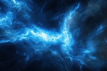 Bright blue electric energy swirling in a cosmic space environment with dark background