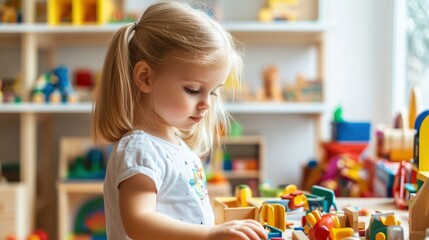 Fototapeta premium Toddler Girl Playing with Colorful Toys in a Playroom