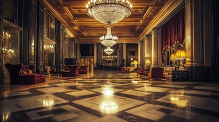 Obraz premium Opulent Grandeur: A Luxurious Hotel Lobby at Night