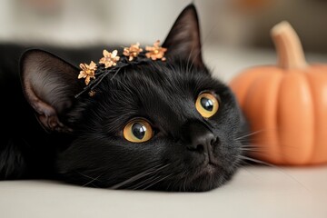 Black cat wearing a floral crown rests beside a small pumpkin during autumn