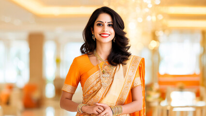 Radiant Bride in Traditional Sari: A beautiful bride beams with happiness, radiating charm in a vibrant orange and gold sari, her intricate jewelry sparkling against the backdrop of a lavish venue.  