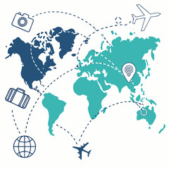 Soft Gradient World Map with Travel Icons