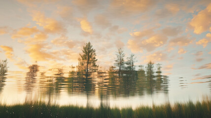 Naklejka premium 水面に映る逆転した世界が広がる湖畔の幻想風景