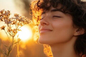 Fototapeta premium Woman enjoying the warmth of sunset while holding wildflowers in a serene outdoor setting