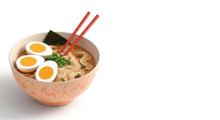 Delicious bowl of ramen with boiled eggs, seaweed, scallions, and red chopsticks