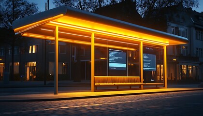Illuminated Bus Stop at Night with Digital Screens Displaying Code