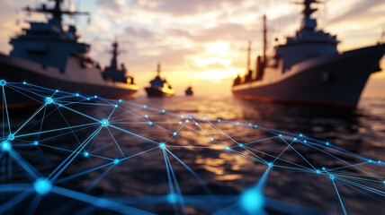 A high-tech naval concept showing a digital network overlay on the ocean with warships silhouetted against the horizon.
