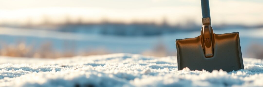 Shovel in Snow Against Winter Landscape Conveying Hard Work and Preparation for Labor Day Activities