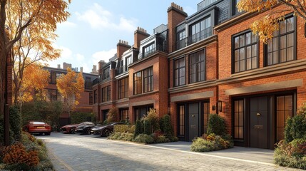 Charming autumn scene featuring elegant brick townhouses lined with colorful foliage and parked cars