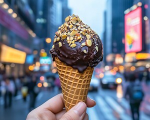 Ice Cream Cone Dipped in Dark Chocolate with Crushed Almonds Held Against an Urban Background