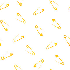 Vector seamless pattern with golden safety pins isolated on white background.