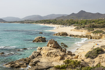 The famous beach of Costa Rei in Sardinia with turquoise and transparent water