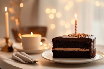Delicious chocolate cake served with coffee and candles for a cozy celebration at home
