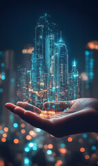Hand holding futuristic cityscape with glowing buildings in a digital world