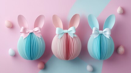 Fototapeta premium Colorful easter eggs with bunny ears on pastel pink and blue background