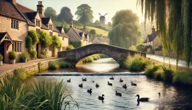 Ducks swimming on the river in the cotswolds village of lower slaughter at sunrise