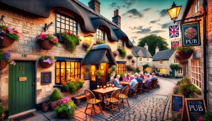 Tourists enjoying drinks outside traditional english pub at dusk