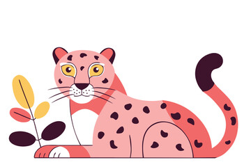Cartoon cute stylized pink leopard vector flat illustration isolated on white background