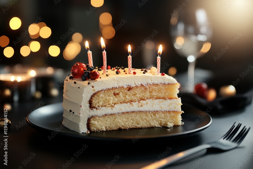 Wall mural Delicious birthday cake with candles and festive decorations on a dark table setting